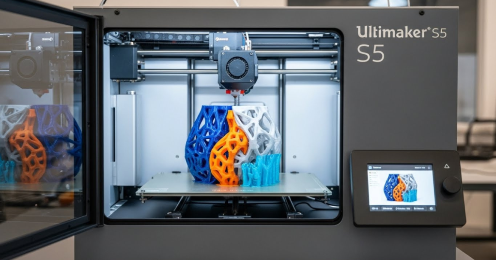 Ultimaker S5 3D printer producing a multi-color geometric model inside its enclosed build chamber, showcasing precision and professional print quality.