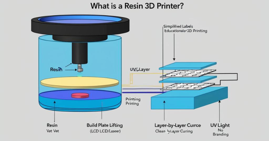 Educational diagram explaining how a resin 3D printer works, showing the resin vat, build plate lifting process, UV light curing, and the layer-by-layer printing method.