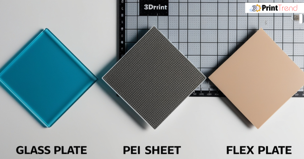 Top-down comparison of three 3D printer build plate surfaces: glass plate, PEI sheet, and flex plate, each with distinct textures and colors