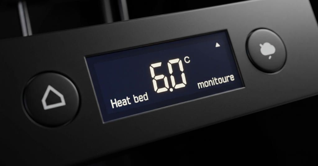 Close-up of a 3D printer control panel showing heated bed temperature set to 60°C