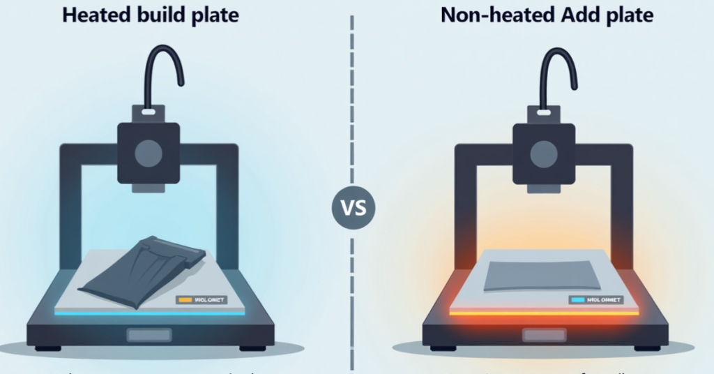 Side-by-side infographic comparing a heated build plate and non-heated plate in 3D printing, showing print warping differences