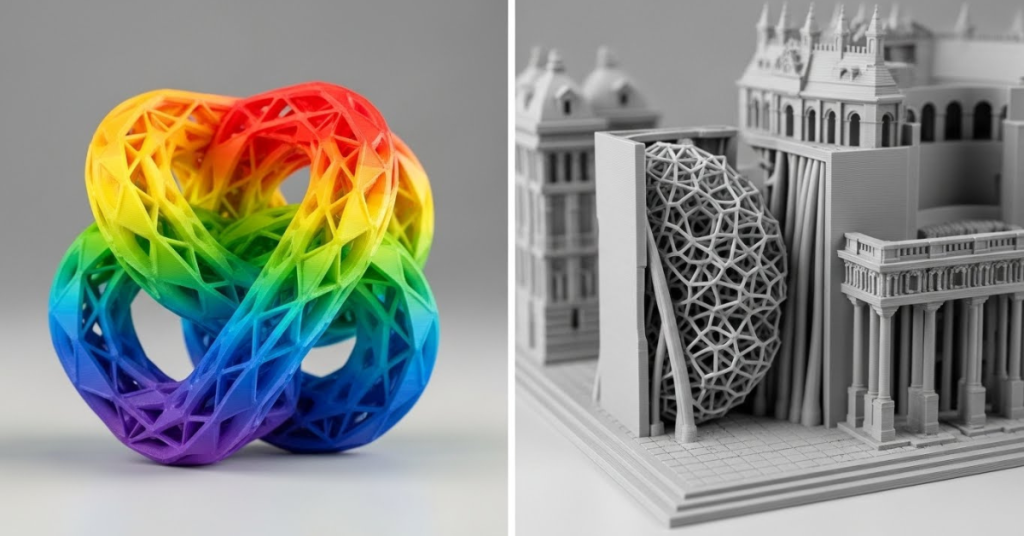 Examples of dual extruder 3D printing, showing a multicolor geometric model and a complex architectural structure with precisely printed supports.