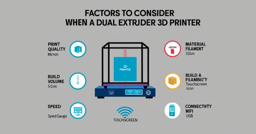 Infographic showing key factors to consider when choosing a dual extruder 3D printer, including print quality, build volume, materials, speed, connectivity, and touchscreen features.