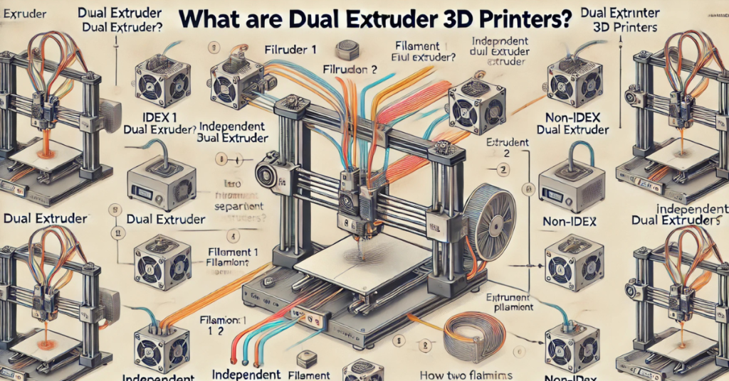 Educational diagram explaining how dual extruder 3D printers work, including IDEX and non-IDEX systems, showing two nozzles, filament paths, and multi-material printing setup.