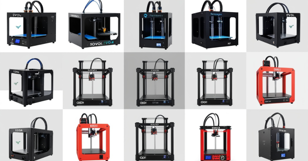 Lineup collage of top dual extruder 3D printers from leading brands, showing various frame designs and dual-nozzle configurations for 2024.