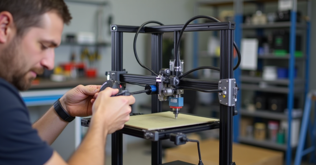 Technician adjusting the extruder assembly on a dual extruder 3D printer during maintenance to ensure proper alignment and print performance.