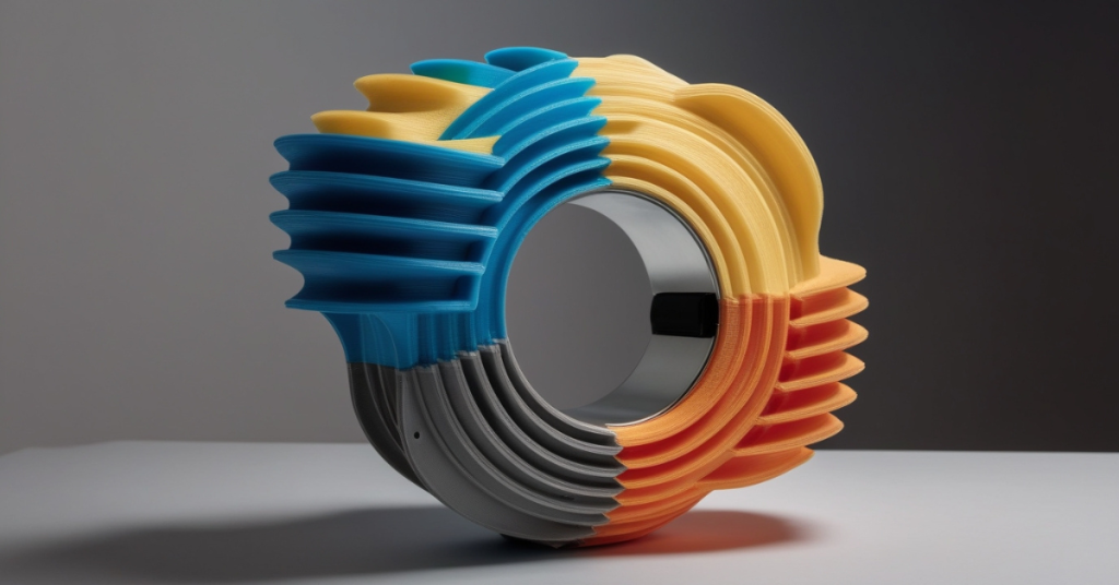 A complex multi-material 3D printed ring featuring layered blue, yellow, orange, and gray sections, demonstrating the precision and color-blending capabilities of dual extruder 3D printers.