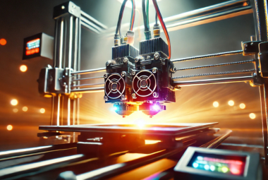 High-tech dual extruder 3D printer in action with two nozzles printing simultaneously, showcasing advanced multi-material printing capabilities.