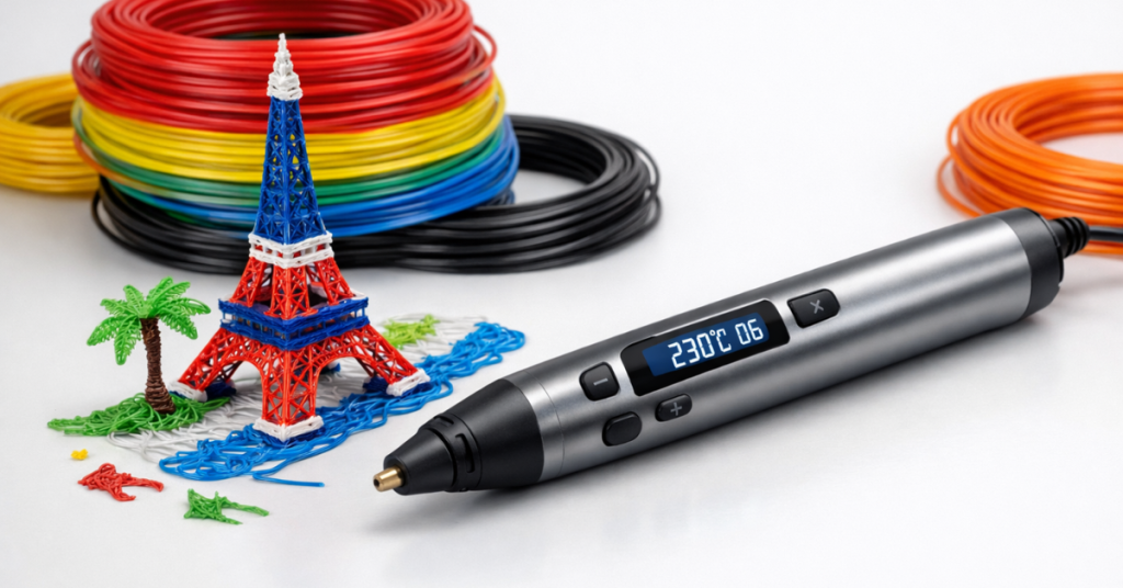 3D printing pen next to a detailed colorful model showing creative possibilities and fine detail work