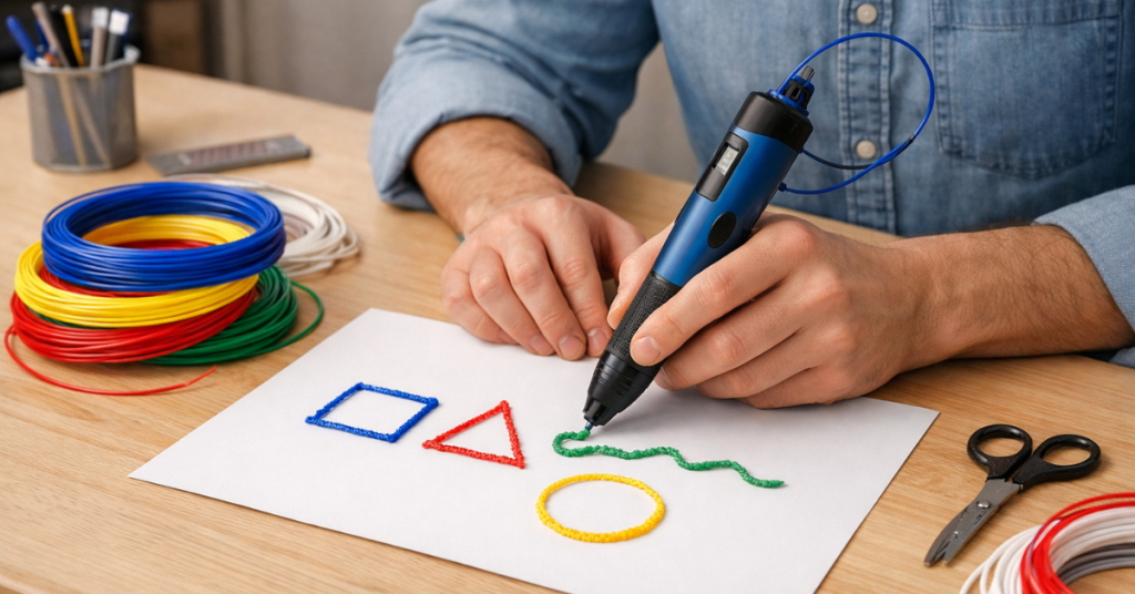 person using a 3D printing pen to draw simple shapes like circles and triangles on paper with colorful filament