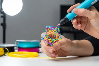 person using a 3D printing pen to create a colorful geometric object with filament strands