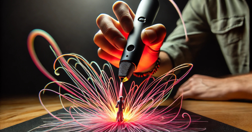 3D printing pen creating glowing filament lines around a small model demonstrating artistic creativity and design potential