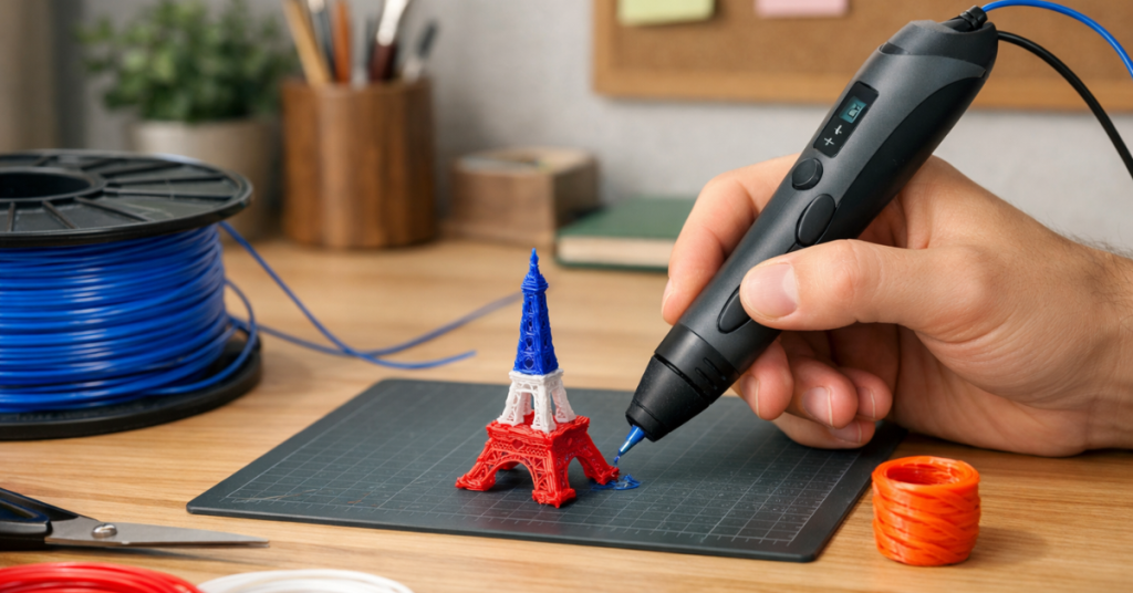 person using a 3D printing pen to create a small detailed model on a work surface with filament nearby