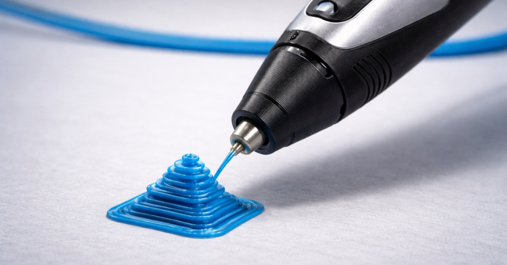 close-up of a 3D printing pen extruding filament to create a layered geometric shape with fine detail