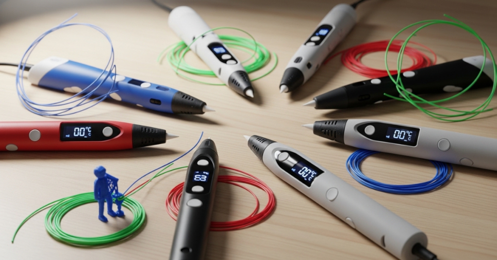multiple 3D printing pens with different designs and displays arranged on a table with colorful filament