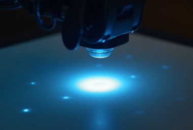 A 3D printer bed with an auto-leveling sensor (BLTouch-style probe) glowing as it measures multiple points across the build surface.