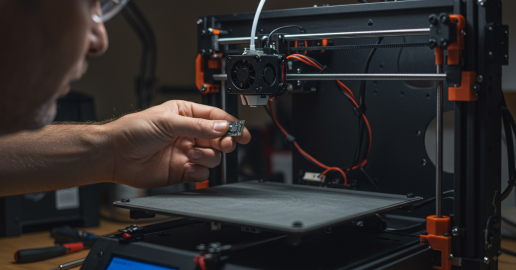 DIY scene of a maker installing an auto bed leveling sensor on a 3D printer, representing the upgrade process.