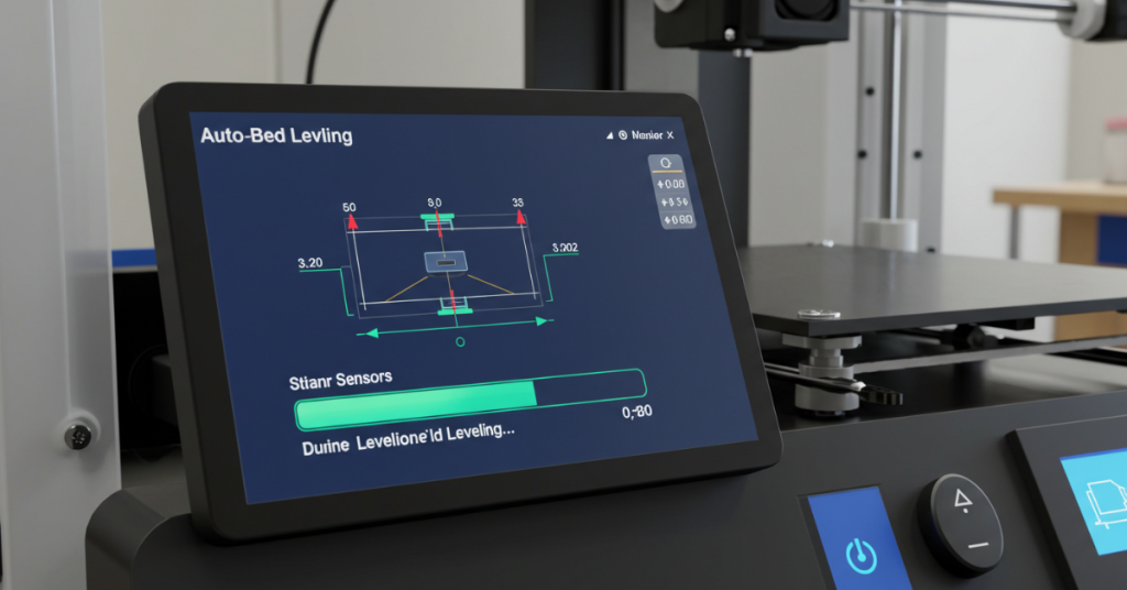 A 3D printer LCD screen showing a successful auto-bed leveling routine in progress, with calibration data and sensor points visible.