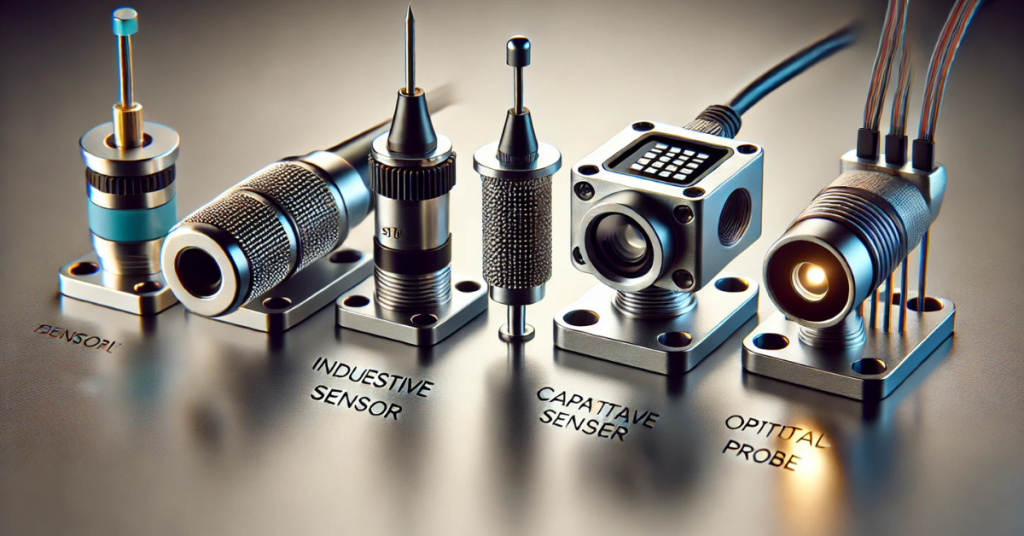 Close-up lineup of 3D printer sensor types — inductive, capacitive, optical, and BLTouch — shown side by side for comparison.