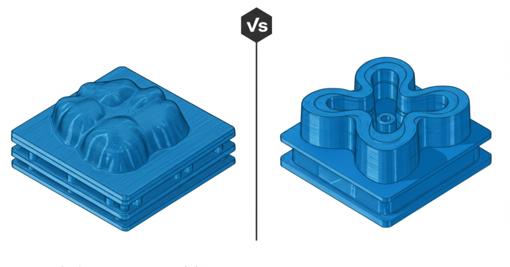 Side-by-side comparison showing an uneven 3D printer bed versus a perfectly leveled surface achieved through auto-leveling sensors.