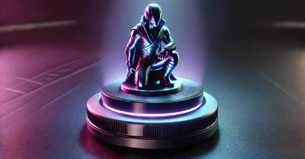 Glossy, fully cured resin 3D-printed figurine displayed on a rotating turntable with dramatic purple and blue lighting highlighting the smooth, polished surface.