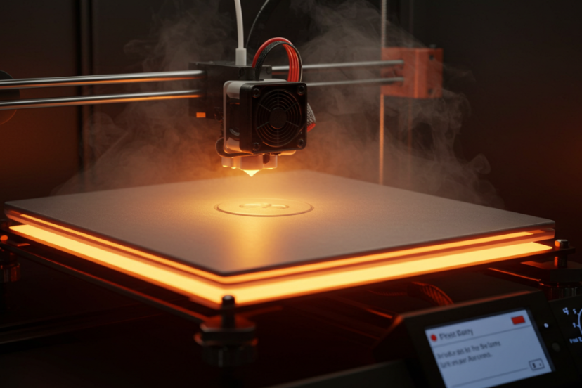 3D printer with heated build plate glowing orange during first layer printing, emphasizing bed adhesion and temperature control
