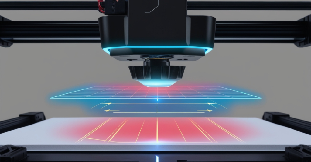 Artistic visualization of advanced auto bed leveling technology, symbolizing precision, intelligence, and performance in 3D printing.