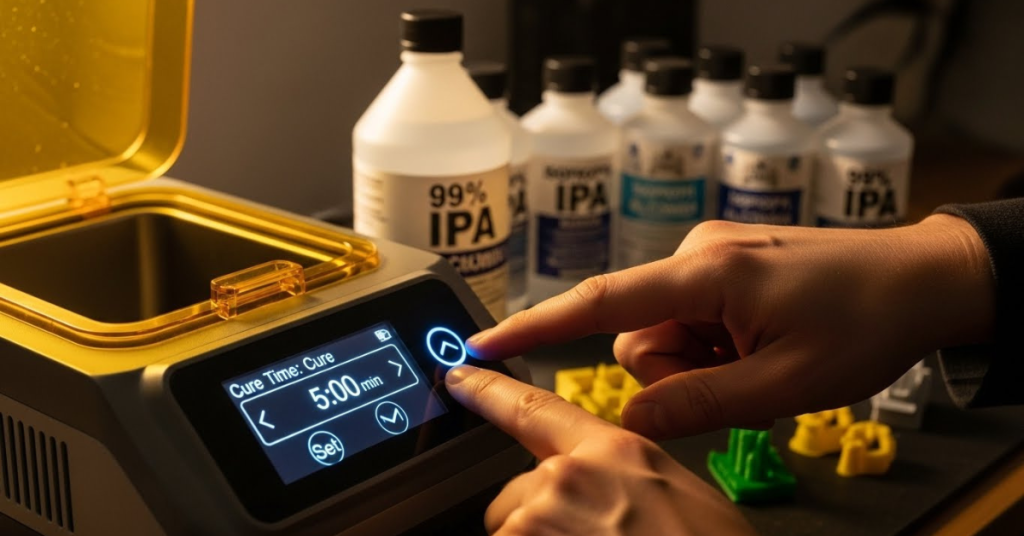Close-up of a person adjusting the cure time on a resin UV curing station’s digital control panel, with bottles of 99% isopropyl alcohol and cured resin models in the background.