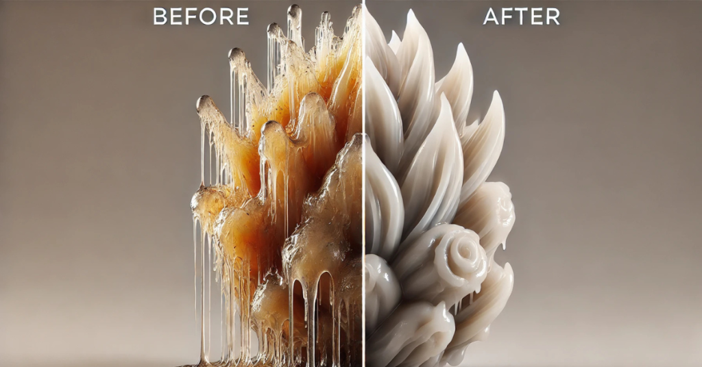 Side-by-side comparison of a resin 3D print before and after post-processing, showing an uncured sticky model on the left and a smooth, fully washed and UV-cured detailed sculpture on the right.
