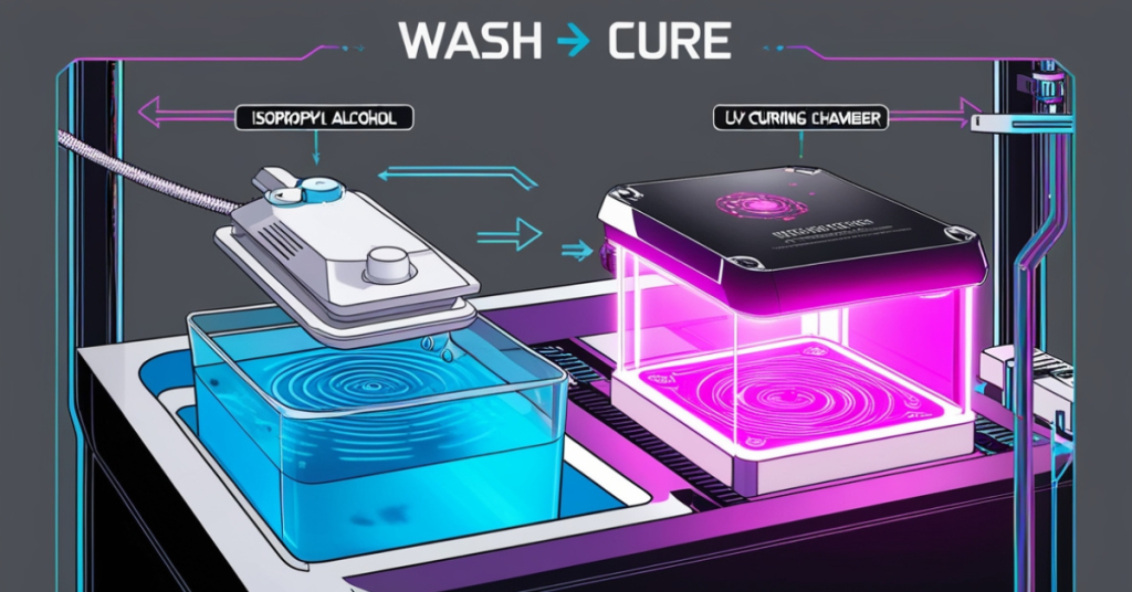 Diagram-style illustration showing the resin 3D print post-processing workflow, with an isopropyl alcohol wash container on the left and a UV curing chamber glowing purple on the right.