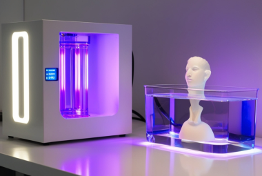 Resin wash and cure station with purple UV lights operating beside a resin-printed figurine submerged in a clear wash container during post-processing.