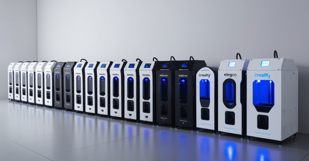 Wide lineup of multiple resin wash and cure stations from various brands, all illuminated with blue UV light, arranged in a clean, organized row for product comparison.