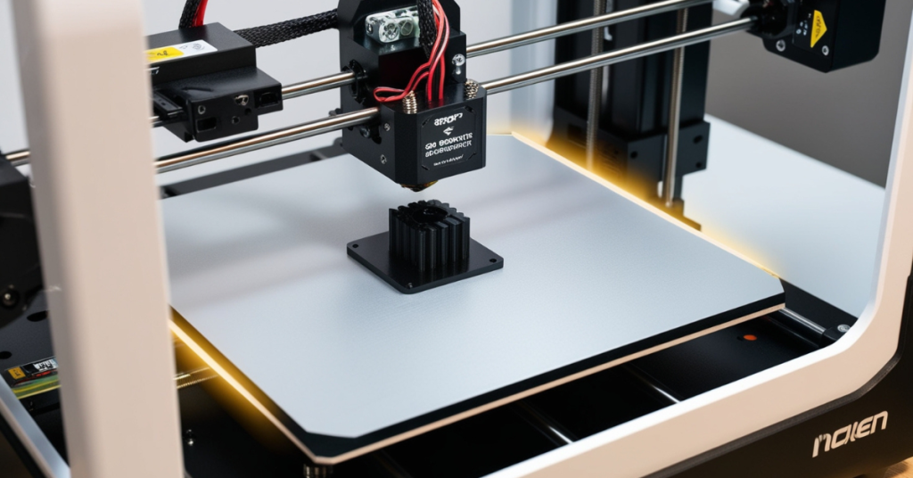3D printer operating on a textured magnetic build plate, with the hotend printing a small black part on the center of the surface.