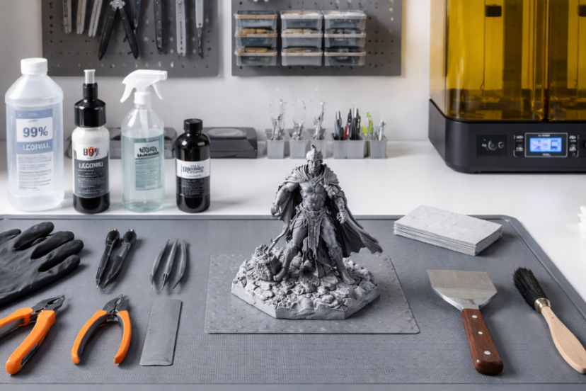 organized 3D printing post-processing workstation with silicone mat, tools, resin print, and cleaning supplies for safe and clean workspace