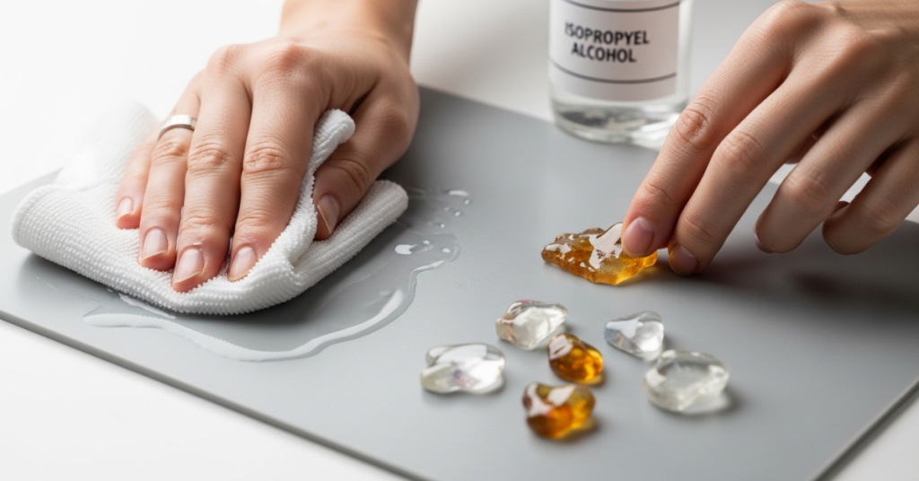 hands cleaning a silicone mat with cloth and isopropyl alcohol while removing cured resin pieces in a 3D printing workspace