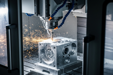 CNC milling machine cutting aluminum with high precision, coolant spray and sparks highlighting industrial power