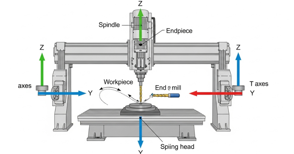 Diagram of a CNC milling machine showing axis movement and core components like spindle and workpiece