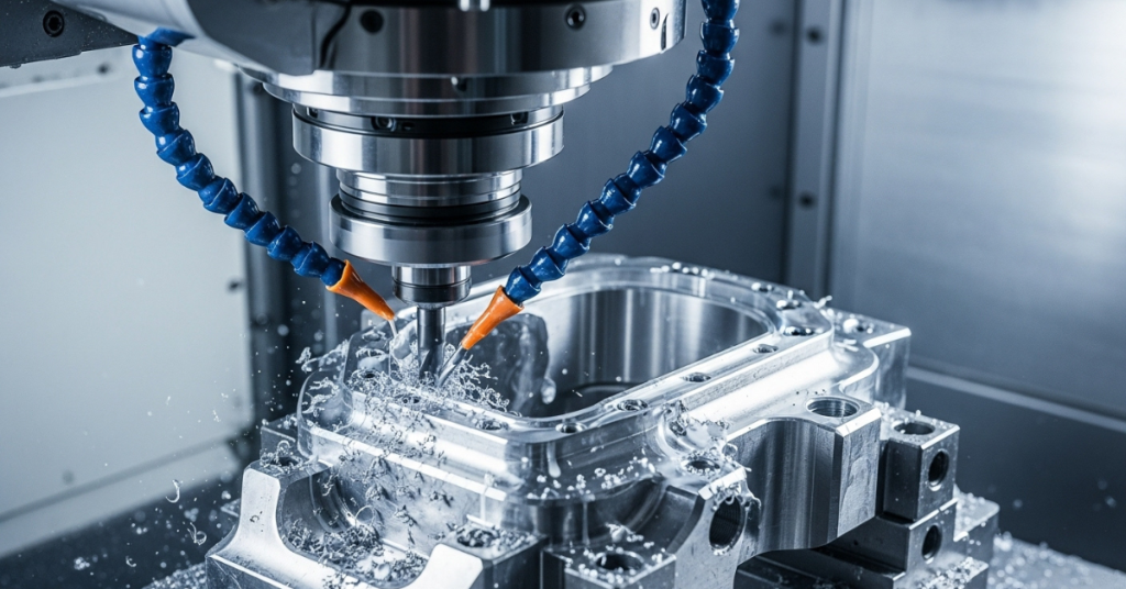 CNC machine milling a high-precision aerospace or medical part with multiple axis movement