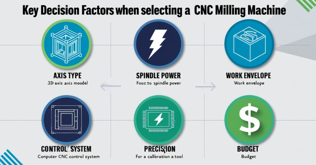 Infographic showing key considerations when selecting a CNC milling machine like axis type and precision