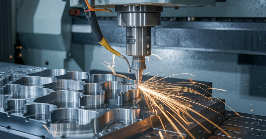 CNC milling machine cutting precise metal components with high-speed spindle and bright sparks, showcasing advanced manufacturing and precision engineering
