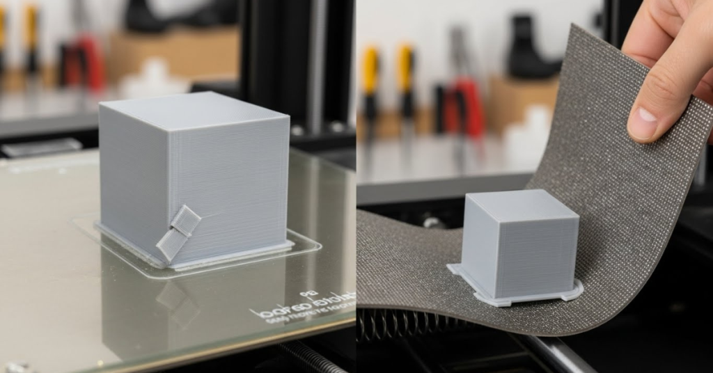 Side-by-side comparison showing a 3D print stuck on a rigid glass build plate on the left, and the same print easily released using a flexible magnetic build plate on the right.