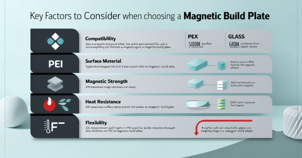 Infographic outlining key factors to consider when choosing a magnetic 3D printer build plate, including compatibility, surface material, magnetic strength, heat resistance, and flexibility.