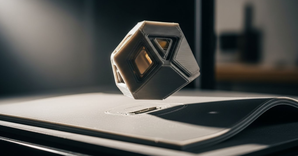 A 3D-printed geometric model lifting cleanly off a flexible magnetic build plate, showing easy part removal with dramatic lighting.