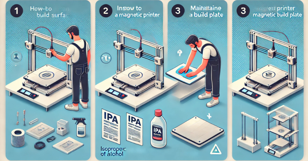 Instructional infographic showing step-by-step guidance for installing, cleaning, and maintaining a 3D printer magnetic build plate, illustrated with diagrams and tools.