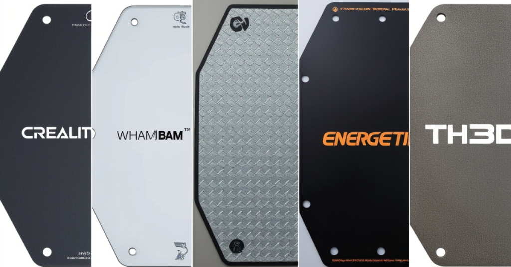 Collage of various 3D printer magnetic build plates from multiple brands, showing different surface textures and styles for comparing build plate options.