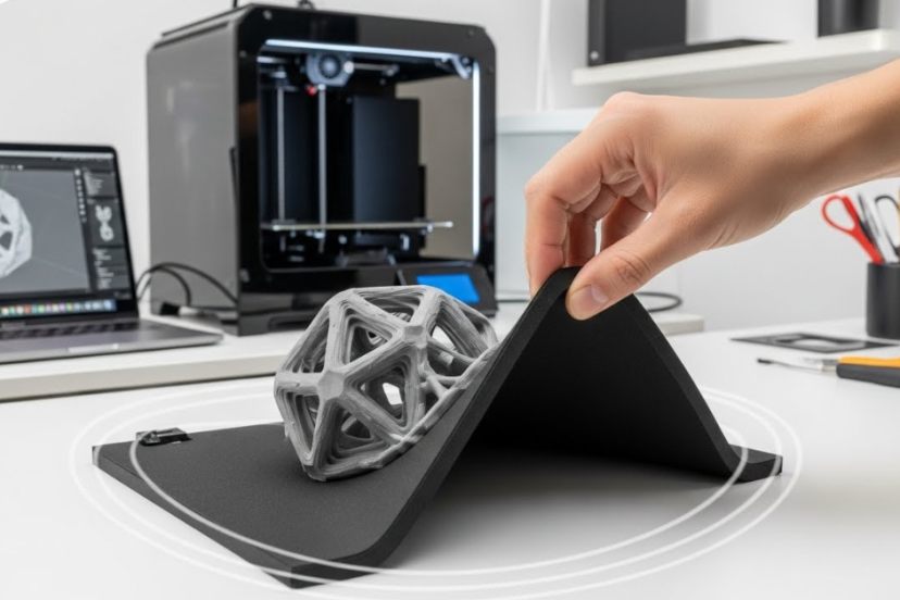 Person flexing a magnetic 3D printer build plate to release a printed lattice model, with a desktop FDM printer and CAD model preview visible in the background.