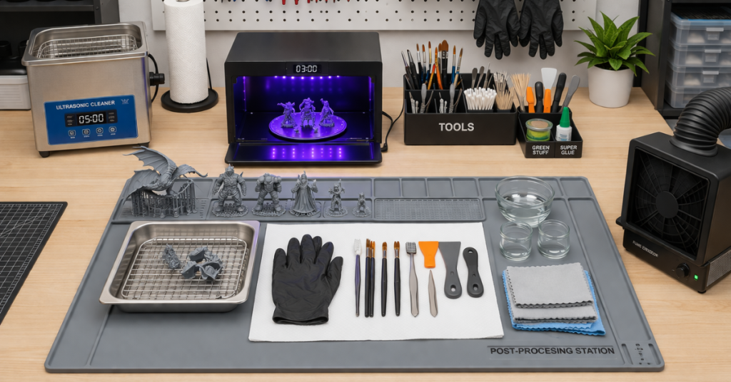 organized 3D printing post-processing station with silicone mat, tools, resin prints, ultrasonic cleaner, and curing setup