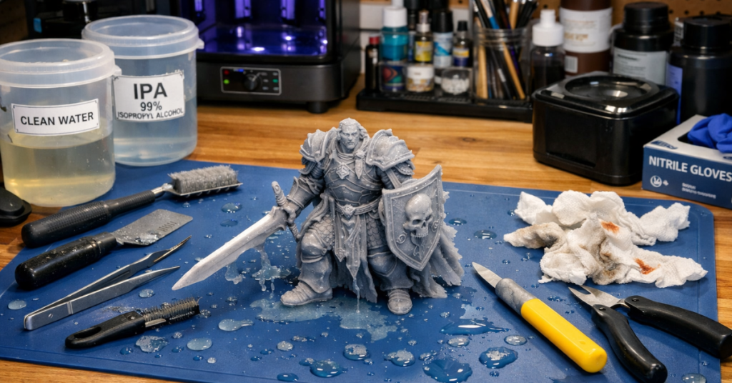 resin 3D print post-processing setup on silicone mat with tools, IPA containers, and cleaning supplies showing easy cleanup workspace