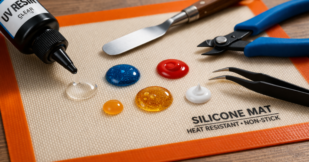 silicone mat with resin droplets and 3D printing tools showing non-stick heat-resistant surface for clean post-processing work