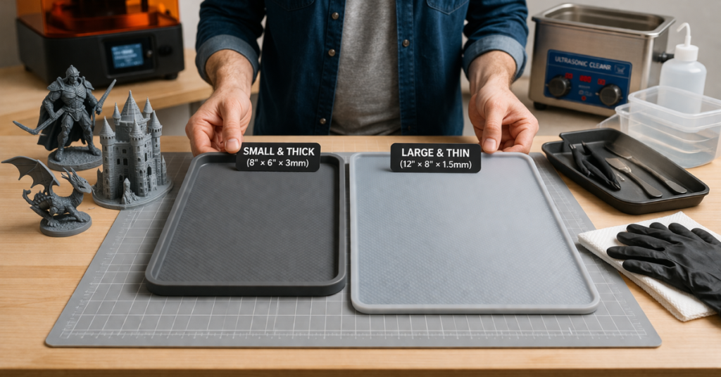 comparison of small thick and large thin silicone mats for 3D printing workspace with tools and resin models on table